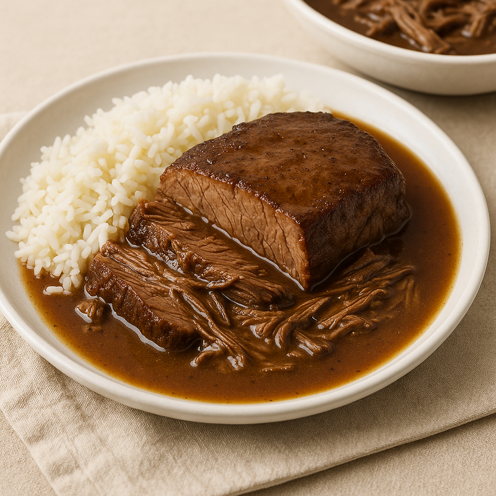 Sliced sirloin roast with au jus and rice